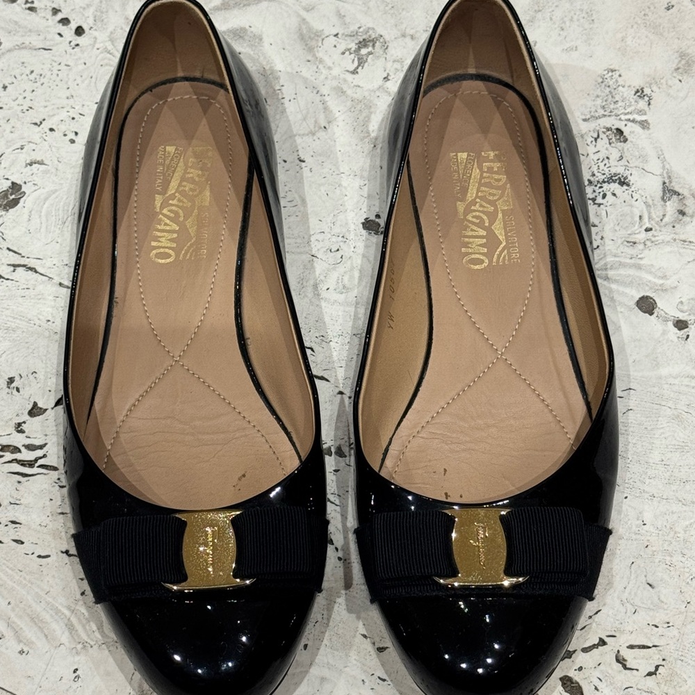 Salvatore Ferragamo Black Flats with Gold Accent